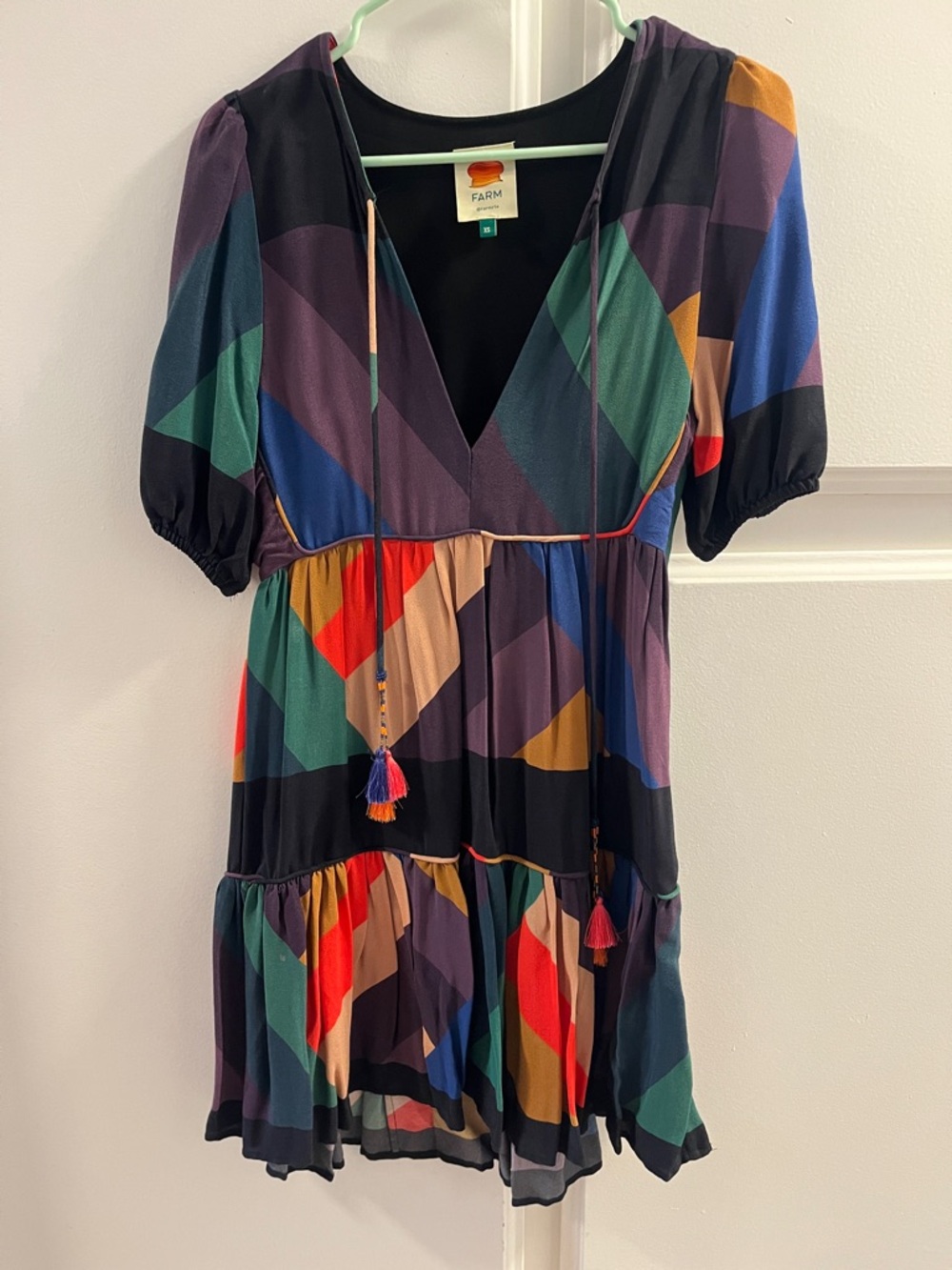 FARM Rio Multicolor Geometric V-Neck Tiered Dress